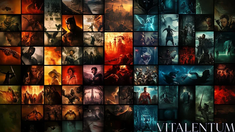 Grid of cinematic fantasy and sci fi character scenes montage.