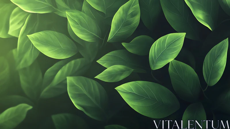 Glowing green leaves drift across a soft shadowed forest floor.