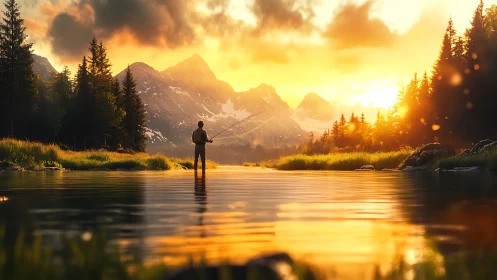 Fly fisher silhouetted in alpine river at golden hour sunrise