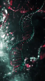 Glowing DNA helix floats in luminous teal and crimson space.
