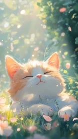 Ginger cat sleeping in sunlit wildflower meadow.