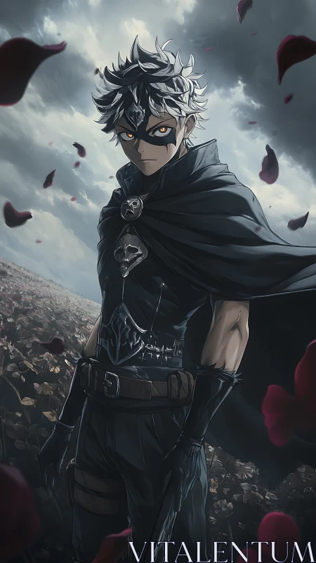 Masked swordsman in dark armor stands in stormy flower field