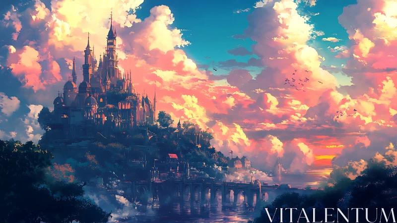 Sunlit fantasy citadel rises beyond glowing sea clouds.