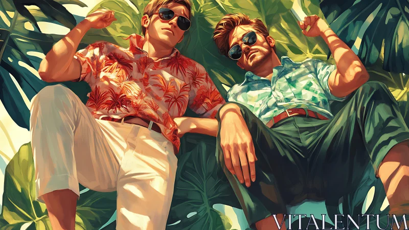 Two men in patterned shirts reclining on tropical leaves.