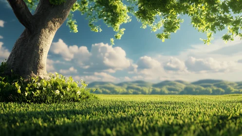 Sunlit meadow daydream under a generous old tree.