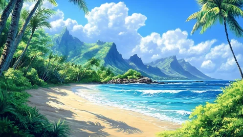 Tropical Island Beach Paradise With Mountain Peaks.
