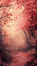 Enchanted Autumn Path Glows with Magical Pink Light