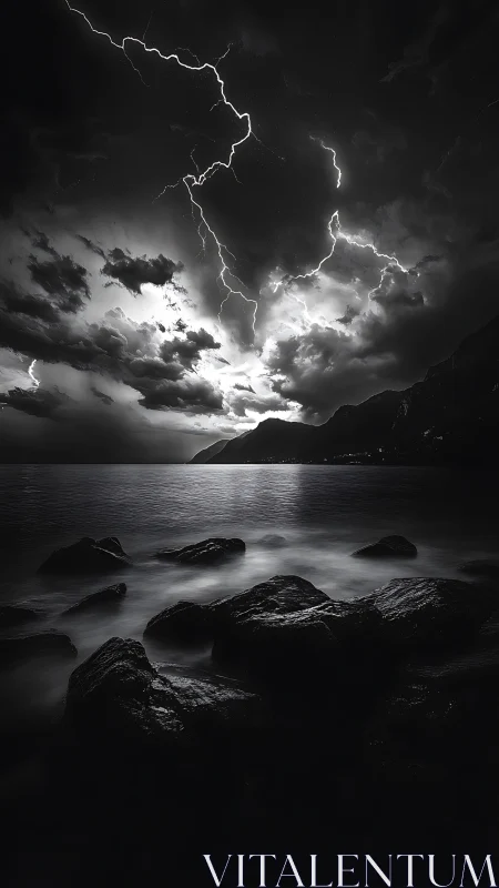 Monochrome coastal thunderstorm with lightning over rock shore