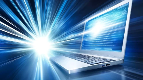 Speedy silver laptop racing through streams of bright data.