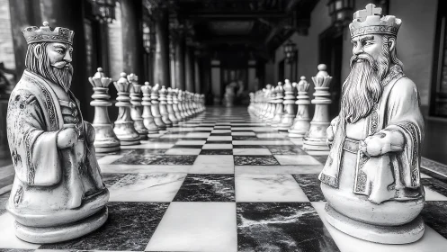 Regal stone kings stare down a marble corridor battlefield.