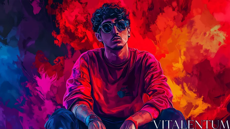 Chromatic portrait of seated figure in saturated spectral blaze.