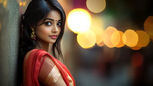 Woman in red sari stands by wall under warm city bokeh