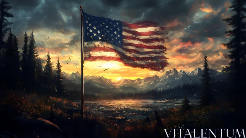 American flag ripples above alpine lake at incendiary sunset