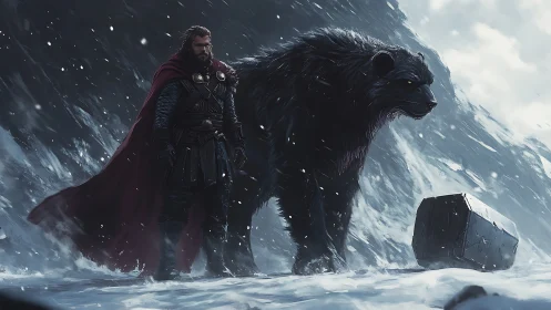 Nordic warrior with giant bear guardian in icy blizzard.