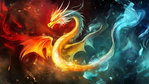 Fiery elemental dragon amid swirling red and blue energies.