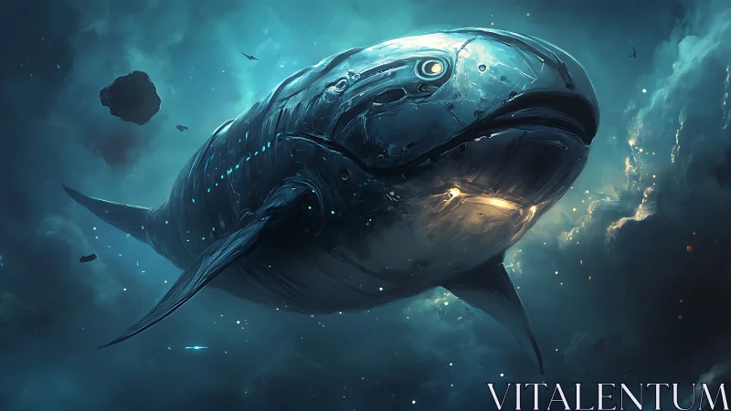 Mechanical whale form moves through luminous nebular field