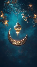 Golden crescent lantern glows softly in a dreamy night sky
