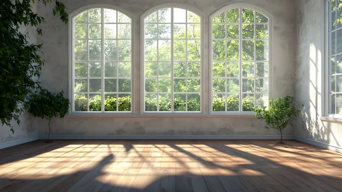 Sunlit minimalist room with tall arched garden windows.