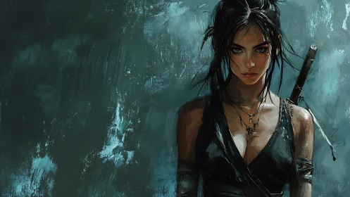 Brush-textured warrior portrait with cinematic teal lighting.