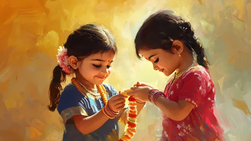 Two girls exchanging flower garland in warm golden light