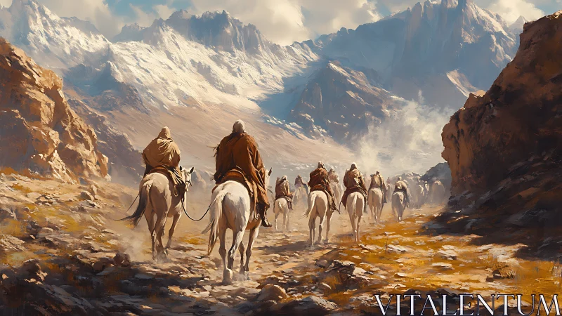 Digital painting caravan in glacial mountain pass panorama.