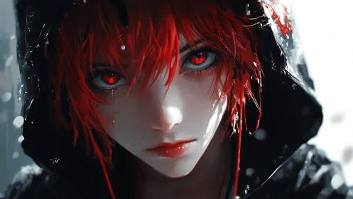 Red-eyed hooded figure stares through falling snow. Period.