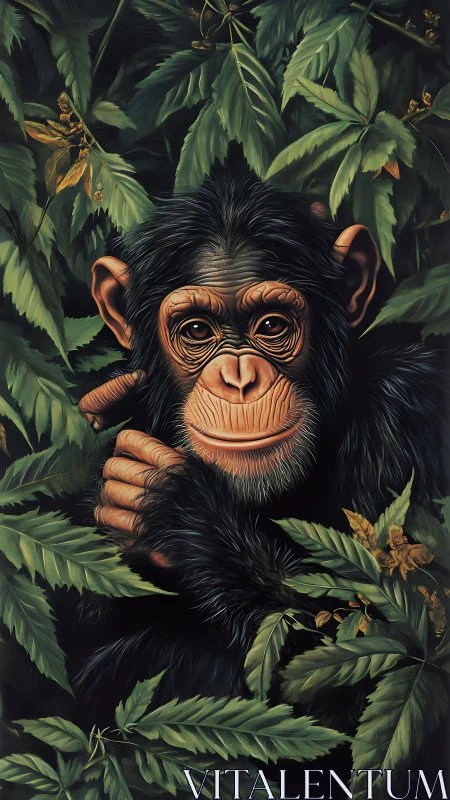 Gentle young chimpanzee gazes calmly from lush green leaves