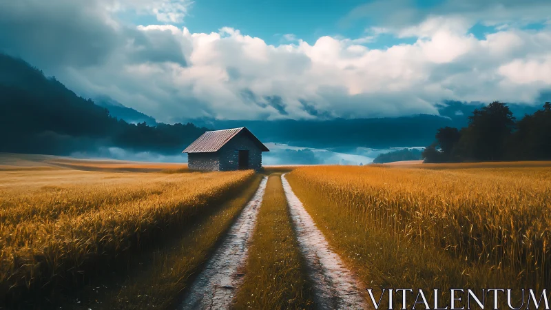 Twin dirt tracks escort a lonely barn through golden stillness