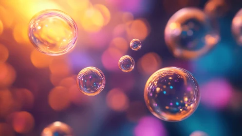 Iridescent soap bubbles float against colorful bokeh glow.