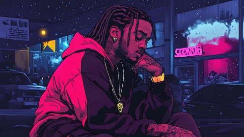 Neon-graded urban portrait of contemplative hooded figure.