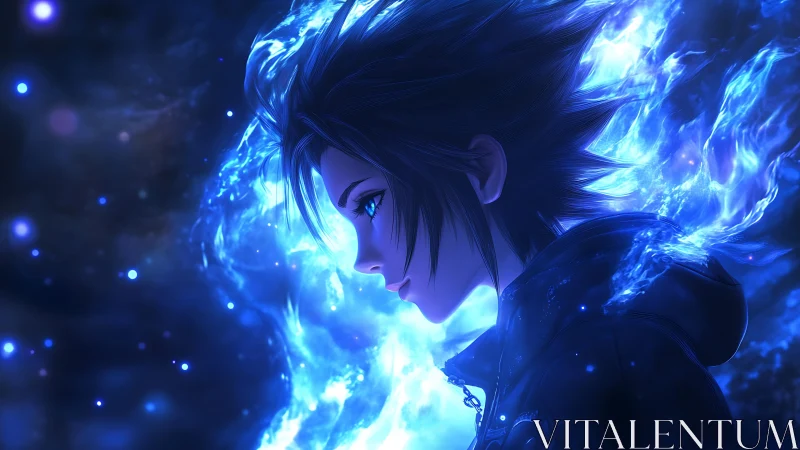 Starglow wanderer crowned in blue cosmic wildfire.