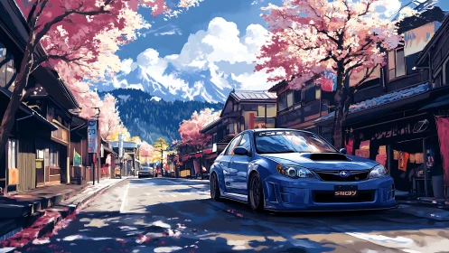 Turbo blue street racer under drifting cherry blossoms dream.