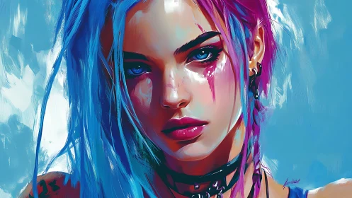 Blue haired cyberpunk girl stares with intense neon gaze