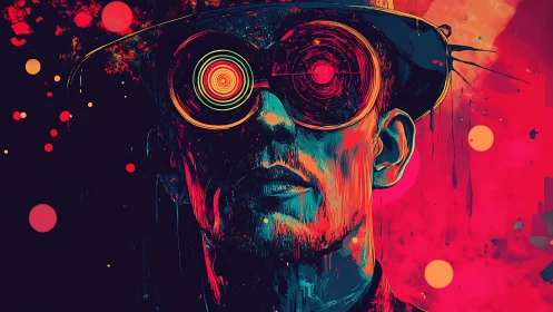 Cyberpunk man in neon goggles stares through glitching reality.