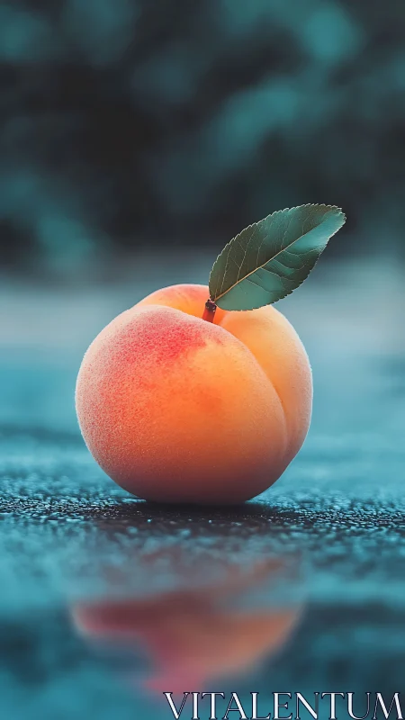 Sunlit peach with leaf resting on cool blue surface.