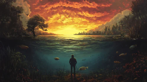 Surreal split-level seascape with lone figure at sunset.