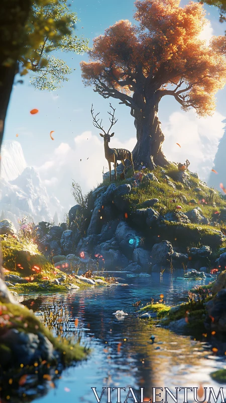 Gentle stag guarding a glowing riverside tree in soft light.