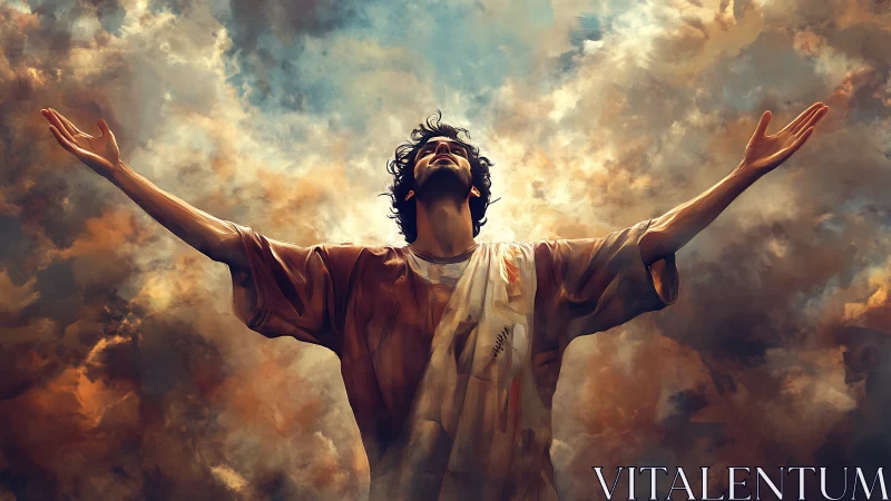 Dramatic upward-angled figure study with expressive cloudscape lighting