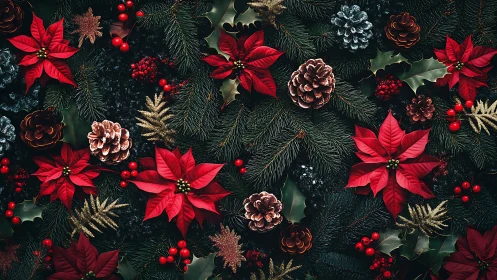 Festive poinsettias and pinecones create a cozy holiday bed