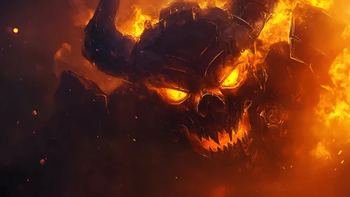 Demonic fire skull emerges from blazing infernal flames.