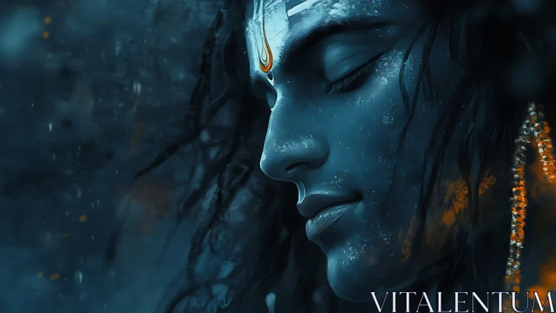 Blue-toned digital portrait shows profile of serene figure