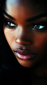 Close-up digital portrait shows intense gaze and glossy lips