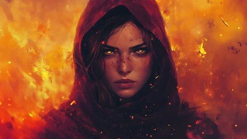 Firelit sorceress portrait with glowing ember eyes in hooded cloak.