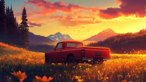 Sunlit red pickup truck in wildflower mountain valley at dusk.