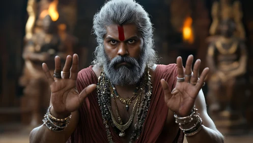 Intense ascetic mystic in temple interior, hands raised forward.