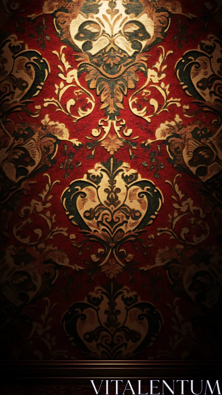 Baroque crimson damask wall glowing with secret stories.