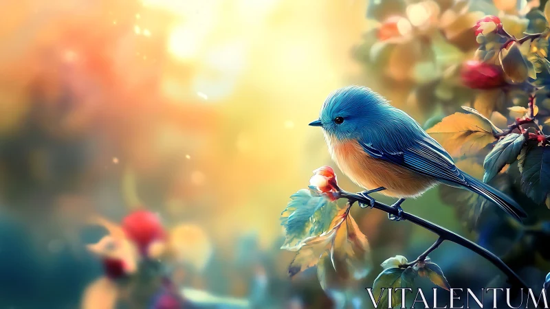 Blue songbird on branch in dreamy, colorful digital art style.