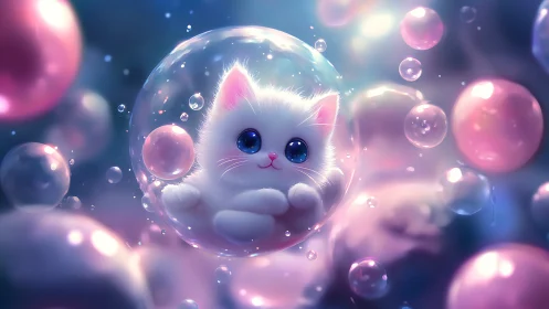 Luminescent White Felid Enclosed Within Transparent Spherical Barrier Surrounded By Iridescent Parti