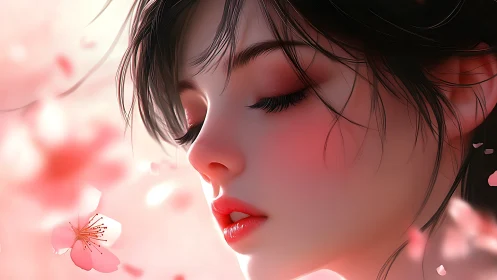 Serene profile portrait merges soft light and cherry petals