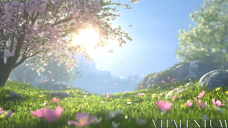 Sunlit spring meadow with cherry blossom tree and petals